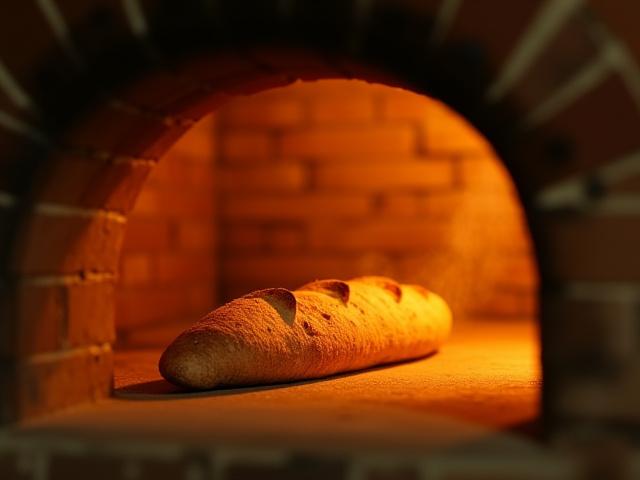 Un four à pain artisanal en briques réfractaires, avec une baguette dorée en train de cuire à l'intérieur.